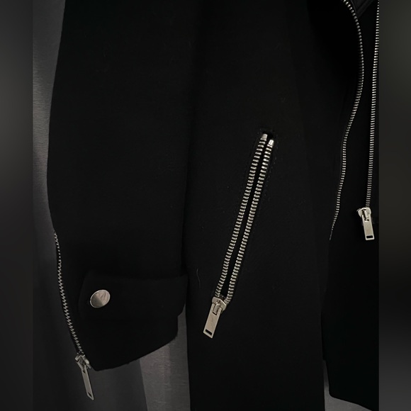 Black Wool Biker Coat with Lambskin Collar - Picture 5 of 9